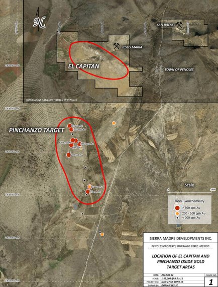 Pinchanzo oxide gold target area, two km south of El Capitan gold zone